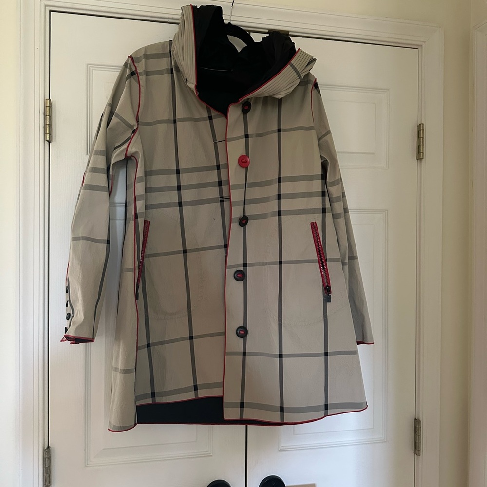 Plaid Hooded Raincoat with Red Accents